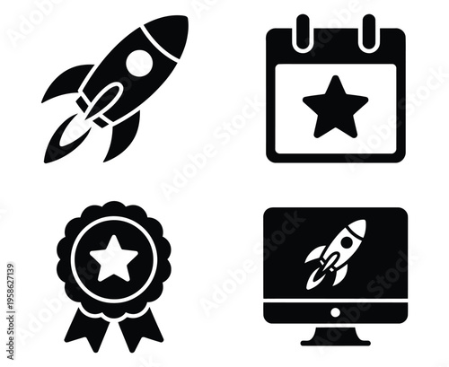 Launch Tools Icons, solid style icons of launch tools, rocket icon, release date, rollout badge, system debut, minimal line art vector collection for app releases