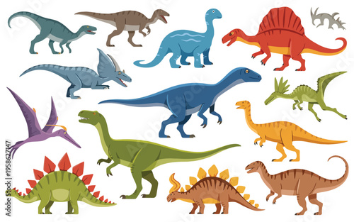 Cartoon dinosaurs vector set featuring jurassic extinct dino raptors, predators, and herbivores collection of jurassic dinosaurs reptile with tyrannosaurus, stegosaurus, and pterodactyl