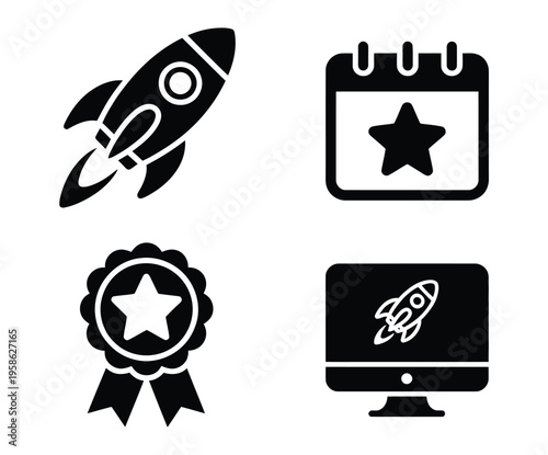 Launch Tools Icons, solid style icons of launch tools, rocket icon, release date, rollout badge, system debut, vector illustration for product launches, software updates