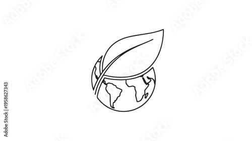 A minimalist line art illustration of a globe with a single leaf growing out of the top surface