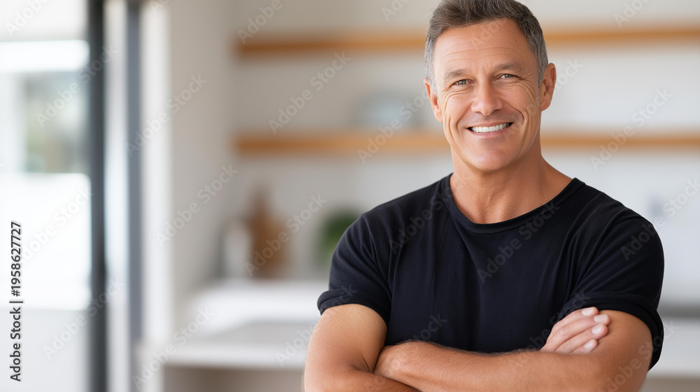 Obraz premium Happy confident middle-aged man standing with arms crossed at home, smiling mature man in a modern living room, candid portrait concept, defocused background, with copy space