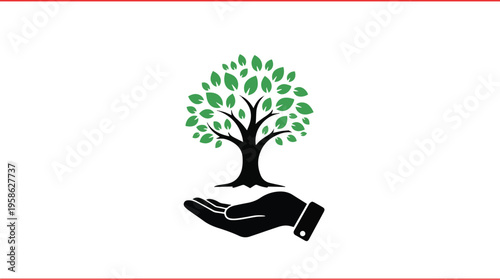 A black silhouette of a hand holding a stylized green tree representing nature and environmental care