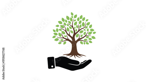 A symbolic illustration of a hand gently holding a green tree representing nature conservation effort