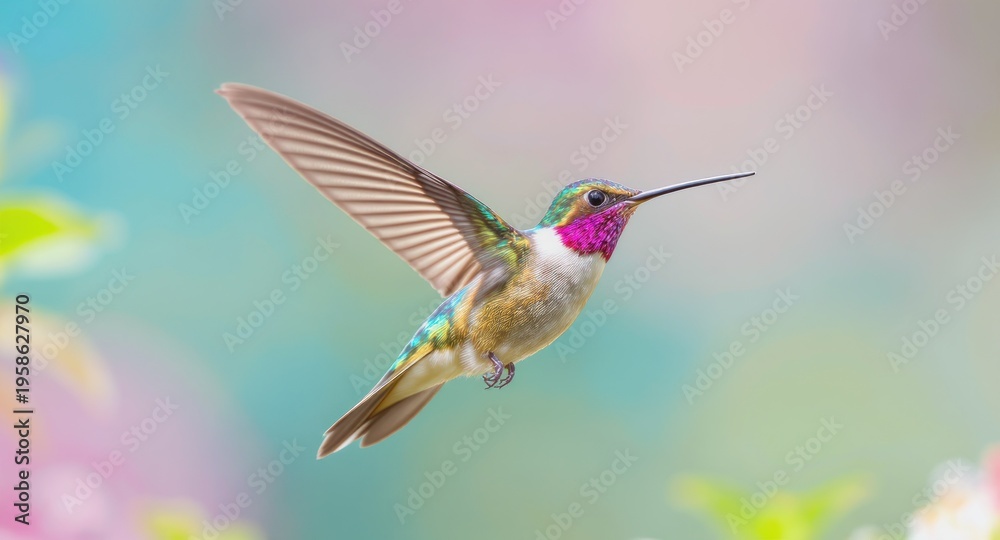 Naklejka premium Colorful hummingbird in mid-flight, wings extended, set against a soft floral background