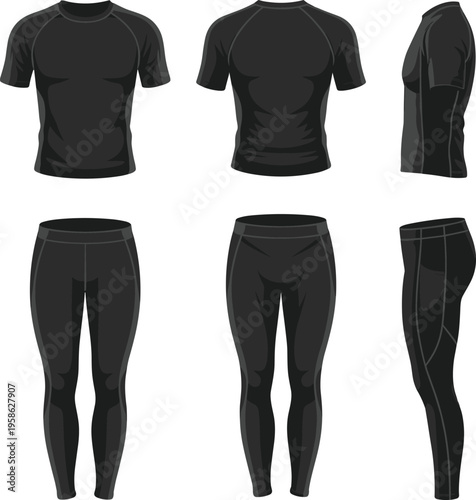 Set of black athletic apparel including a short sleeve t-shirt and full length leggings shown in front, back, and side views for active use