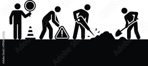 Workers performing road construction and maintenance tasks with various tools and safety measures