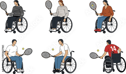 Wheelchair Tennis Players Set with Disabled Athletes Playing Sport Inclusive Activity Illustration for Paralympic Games and Adaptive Sports Design