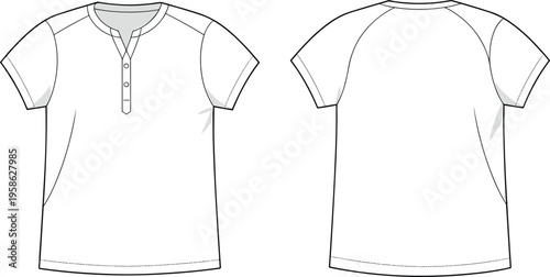 Technical fashion of a white short sleeve henley shirt with a buttoned neckline and raglan sleeves presented front and back