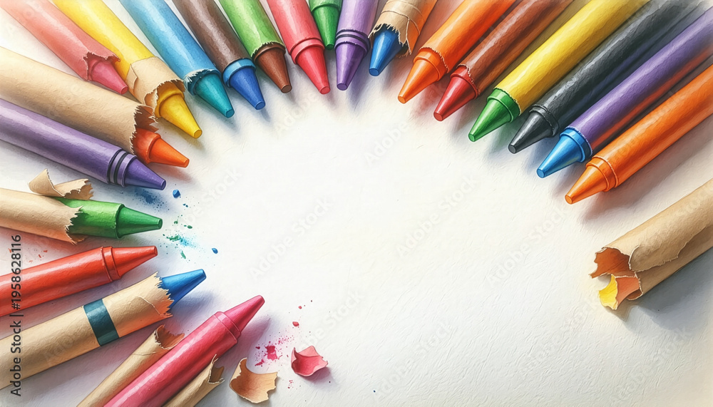Naklejka premium Colorful crayons arranged in a circle on white paper background 白い紙の背景に円状に並べられたカラフルなクレヨン コピースペース付きイラスト
