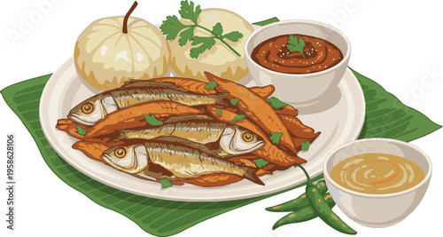 Fried fish with lemon and vegetables on a plate