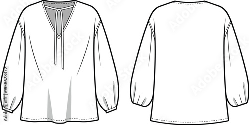 Technical of a white peasant blouse front and back views, detailing the tie-neckline, voluminous sleeves, and gathered cuffs for fashion