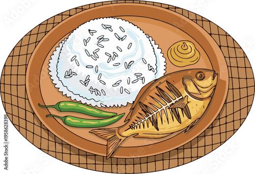 bengli  tradition rice and fish food vector illustration 