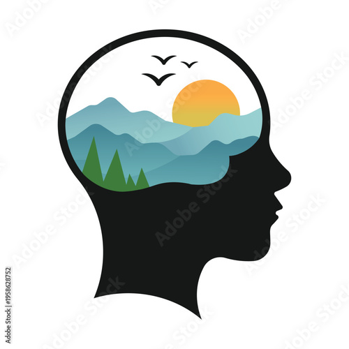 Minimalist vector illustration of a human head silhouette with a scenic mountain landscape, sun, and birds, representing mental peace, nature connection, and mindfulness