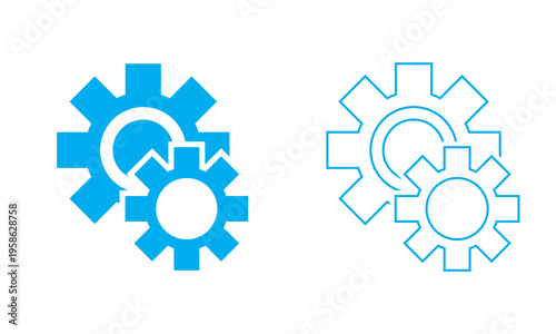 Settings Gear Icons Solid and Outline Set. Simple cogwheel icons shown in solid and outline styles, representing settings, engineering, configuration, and mechanical concepts on clean background.
