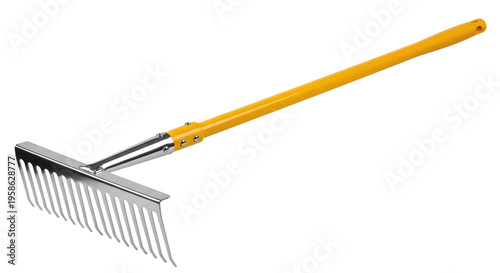 Orange handled garden rake with metal tines for yard maintenance tasks isolated on transparent background