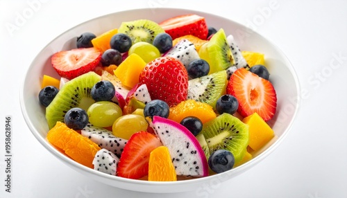 Healthy bowl of fresh mixed fruit salad with berries and tropical fruits.