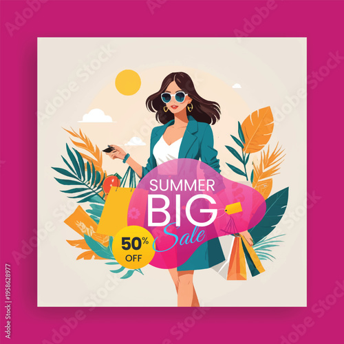 Summer background for Summer sale and beach party social media post, ads design Fashionable woman with shopping bags during big summer sale event offer discount and tropical leaves for promotion