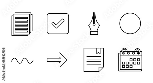 Various line art icons representing document piles, checkmarks, ink pens, geometric shapes, arrows, bookmarks, and calendars against a clean white backdrop, minimal yet informative.