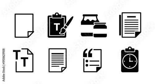Set of black and white icons representing new document or text file, text editing, jam jars, and quotation marks. Suitable for illustrating various applications.