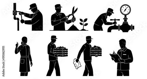 Tradespeople silhouettes performing various tasks: plumbing gardening farming and inspection for industry and agriculture
