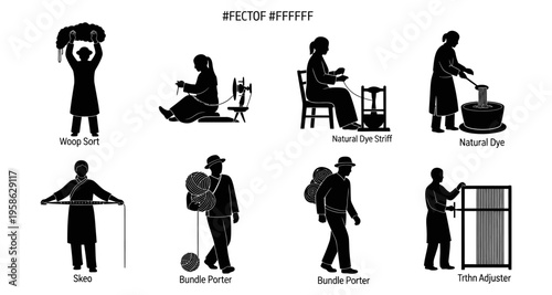 Textile Craft Silhouettes: Wool Sorting Spinning Dyeing and Weaving Process Vector Graphics