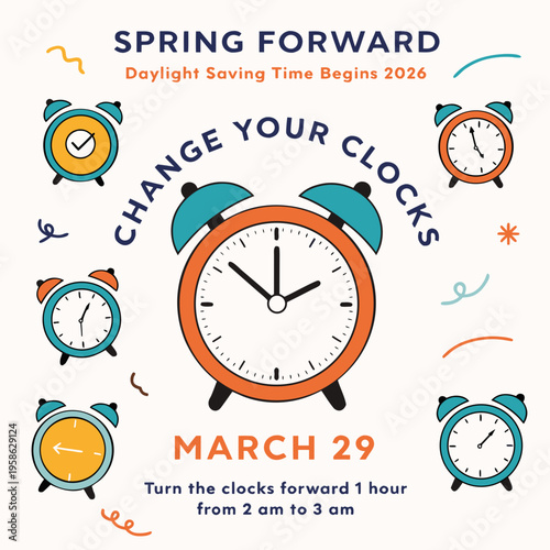 A colorful graphic announces daylight saving time in 2026 featuring a retro alarm clock a leaf and the date march 29th high-quality professional detailed modern
