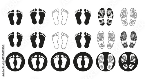 Footprints collection of different types of human feet and shoes, symbolizing movement, tracking, and the human presence; ideal for design projects with clean lines and a commercial essence.