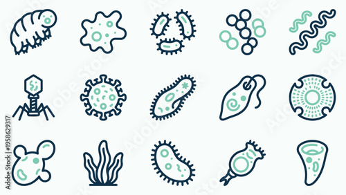 Microbiology and Microorganism Icon Set Featuring Bacteria, Viruses, and Tardigrade