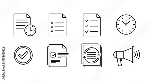 Business deadlines and accomplishments vector icons such as files with clocks and documents with circular checkmarks promote efficient project management and success.