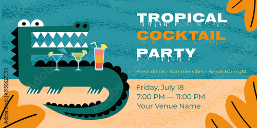 Tropical cocktail party invitation flyer with illustration of a cute alligator. Beach bar event poster design with summer refreshment graphics. Celebration announcement for summer holidays.