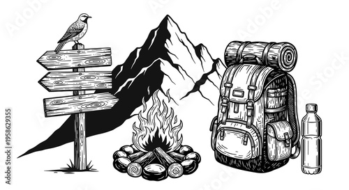 A hand-drawn illustration of camping essentials, featuring a backpack, water bottle, bird on a direction sign, mountain, and campfire, evoking a sense of adventure and outdoor lifestyle.