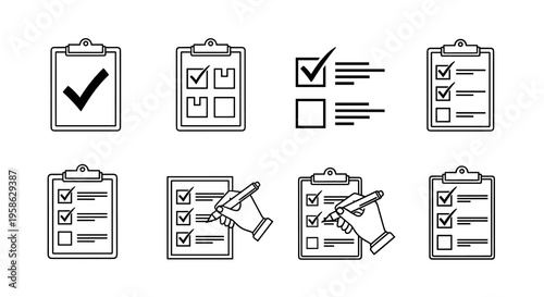 Concept line art illustration of clipboards and checklists representing task management, to-do lists, organization, and productivity in a modern, minimalist business context.