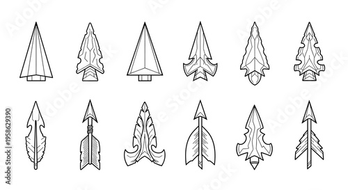 A set of outlined arrowheads depicts ancient tools used for hunting and warfare, isolated on white and evoking a sense of history and primitive craftsmanship.