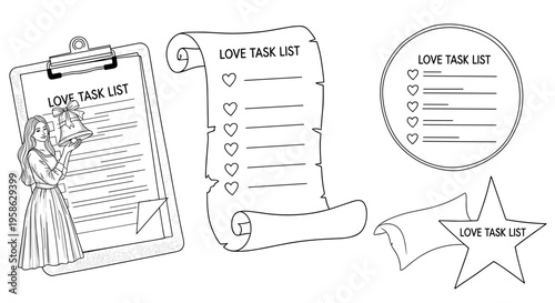 A heartwarming illustration of a woman presenting her love task lists on various stationery, perfect for Valentine's Day promotions and relationship advice content