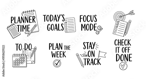 Hand-drawn planner icons featuring daily goals, focus mode, planning, and task completion, conveying a positive and organized approach to productivity and time management for planners and organizers.