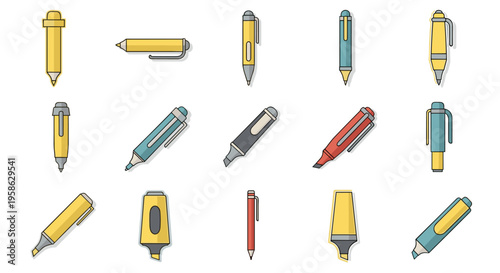Collection of vector illustrations featuring various pens and markers for drawing, writing, and highlighting, creating a learning and creative workspace, perfect for educational and office designs.