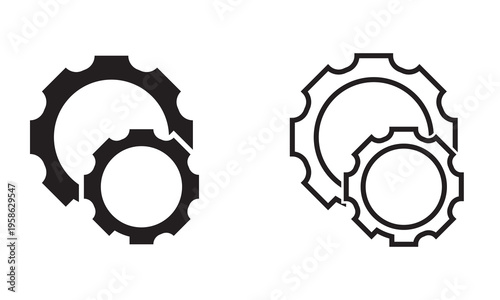 Settings Gear Icons Solid and Outline Set. Simple cogwheel icons shown in solid and outline styles, representing settings, engineering, configuration, and mechanical concepts on clean background.