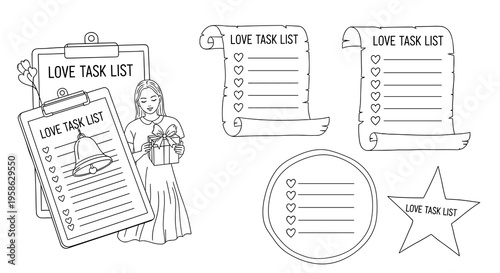 Delicate line art illustration of a woman with a gift next to a love task list bulletin board, scrolls, circle, and star suggesting creative planning of romantic activities with a sweet and heartfelt 