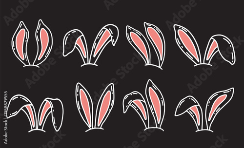Set of Hand-Drawn Bunny Ears for Easter and Cute Animal Designs on black
