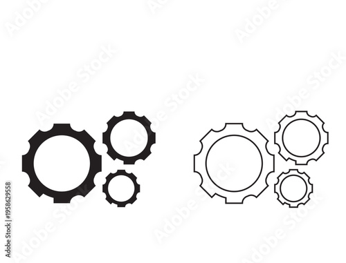 Settings Gear Icons Solid and Outline Set. Simple cogwheel icons shown in solid and outline styles, representing settings, engineering, configuration, and mechanical concepts on clean background.