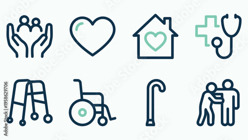 Elderly Care and Nursing Home Icon Set in Line Art Style