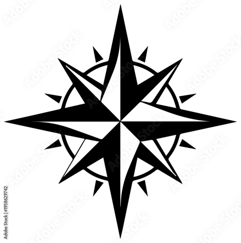 Sharp black angular compass rose logo with lines on white background for navigation and direction