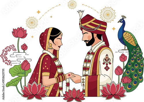 Traditional Indian wedding couple in ethnic attire holding hands