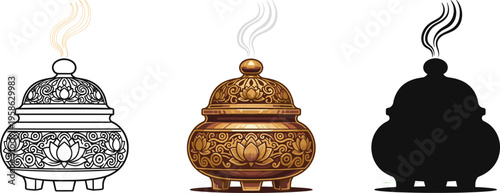 Antique traditional incense burner with smoke and lotus design