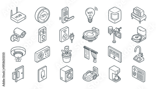 Collection of household appliance line icons.