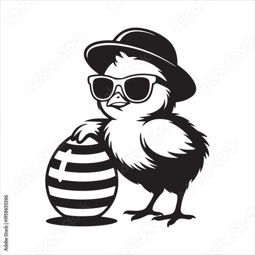 A cool chick wearing sunglasses and a hat, posing with a striped easter egg.