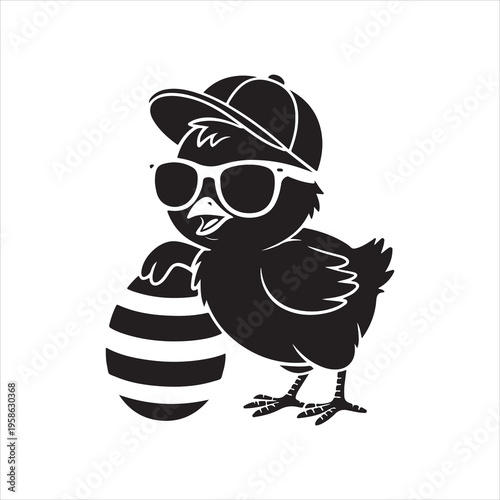 A cool chick wearing sunglasses and a baseball cap holds an easter egg