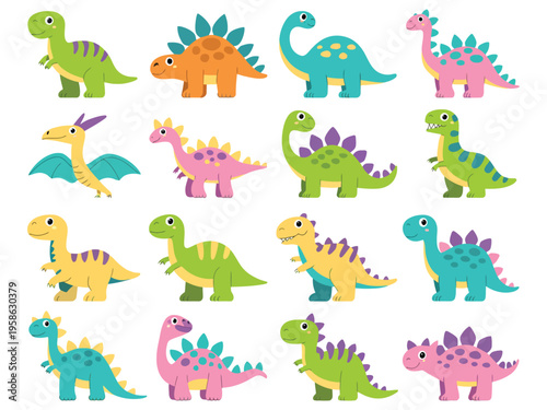 Hand drawn cute dinosaurs vector set with funny comic dino characters, tyrannosaurus, stegosaurus, diplodocus and triceratops, isolated prehistoric animal illustration for kids and education