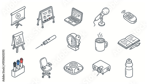 Office supplies and technology icons.