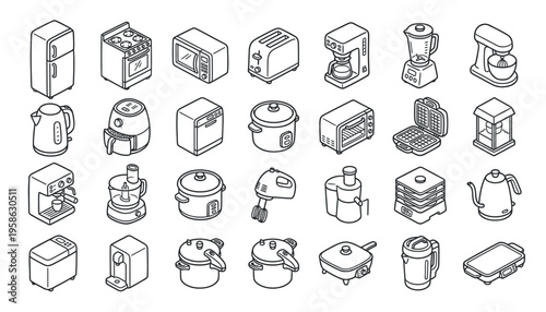 A collection of isometric line art icons depicting various common kitchen and home appliances in a clean, minimalist style.